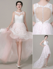 Chic Robe mariée ivoire A-ligne avec dentelle col bateau avec traîne