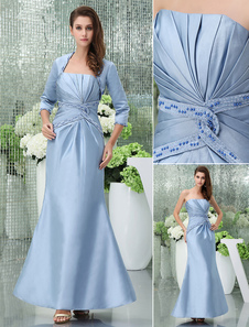 Robe de mariés de Mère poule sirène tissu de satin bleu ciel clair bustier avec perles longueur plan