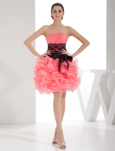 Robe fête de la rentrée boule tissu de satin rouge melon bustier plissé mini