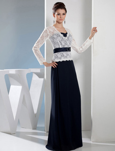 Robe de mariés de Mère A-ligne tissu de satin noir col V avec ceinture longueur plancher