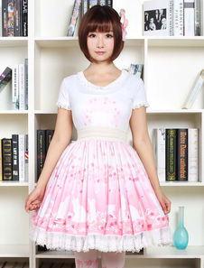Lolita mignonne robe rose Sakura Kitty imprimée Lolita Skirt avec dentelle blanche Trim Shirring