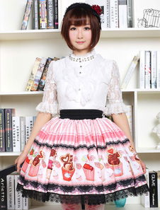 Rose robe Lolita mignon Cupcake imprimé jupe Lolita avec sa garniture de dentelle noire