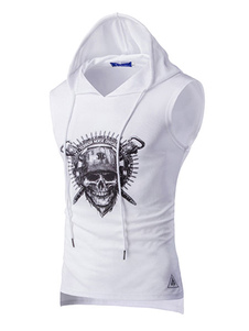 Blanc sans manches à capuche T Shirt capuche réservoir avec Skull Print pour hommes