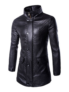 PU noir cuir manteau Veste longue matelassée pour hommes