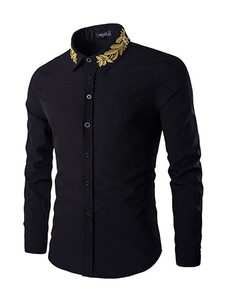Noir blanc Slim Shirt pour hommes avec broderie or de pied de col