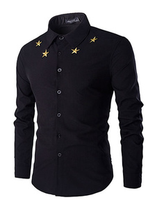 Chemise noire blanche pour hommes avec broderie étoiles Long Sleeeves