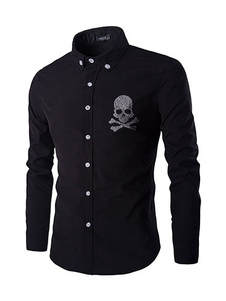 Chemise blanche noire pour hommes avec crâne impression chemisier manches longues col