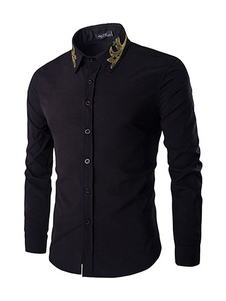 Chemise Vintage pour homme en noir et blanc avec pied de col broderie