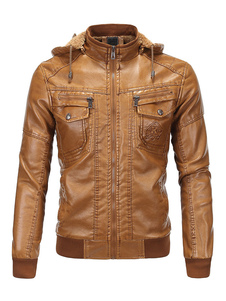 Carcajou Style cuir Veste homme en veste de motard à capuchon brun clair
