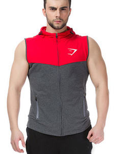 Sans manches Hoodie Zip hommes Sweatshirt gris couleur bloc Slim Fit