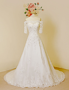 Off-the-shoulder mariage robe dentelle manches moitié Sweetheart chapelle Train Tulle perles robe de