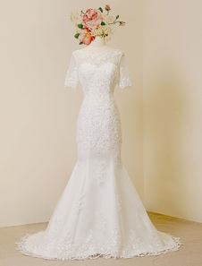 Mariage robe sirène sans dossier 3/4 manches-longueur chapelle Train Illusion cou trompette robe de 