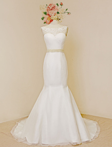 Sirène dentelle mariage robe Tulle plissé perles d’Imitation perles Sash chapelle Train trompette ro