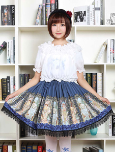 Gothic Lolita Robe Vintage bleu imprimé Milanoo Lolita Skirt avec dentelle noire