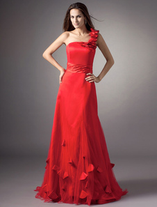 Robe de soirée rouge sirène Tribunal Train une épaule Tulle Maxi Prom robe avec fleur pétale