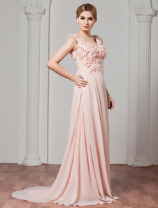 Robe de soirée en mousseline de soie Plus taille v-cou robe de bal rose Maxi de Cour Train avec fleu
