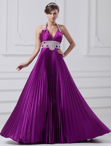Robe de soirée backless Halter soie sent perler plissé Tribunal Train robe Maxi