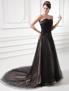 Robe de soirée noire mariage robe dentelle perles Cour Train Sweetheart