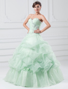 Perlage Tulle sans bretelles sweetheart Pageant robe princesse Ballgown fleur plissée parole longueu