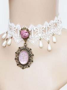 Gothic Lolita accessoires Vintage blanc en dentelle Ruban Rose perles élégante Gothic Lolita collier