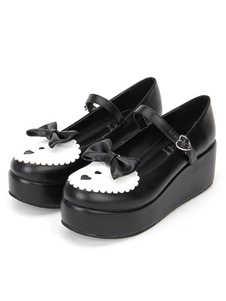 Chaussures plateforme Lolita noir blanc coeurs noeuds papillon Lolita Shoes plateforme Mary Jane Loi