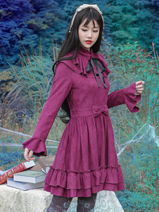Gothic Lolita Robe Vintage Bow Bourgogne volantée Lolita Gothique élégant robes manches Imitation da