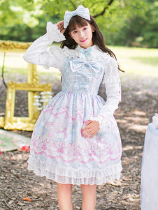 Sweet Lolita Robe Cute Bows imprimé léger bleu Alice Loita Jumper Skirt avec dentelle