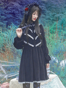 Gothic Lolita Robe Vintage velours noir dentelle blanche finition élégante Gothic Lolita robes avec 
