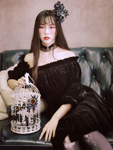 Gothic Lolita Robe Vintage velours noir volant élégante Gothic Lolita robes manches épaule plate lan