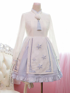 Sweet Lolita Robe bleu clair brodée volantée Qi Lolita Robe manches longues à col Mandarin