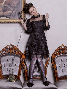 Gothic Lolita Robe Vintage noir Jacquard transparent Tull ébouriffées élégante Gothic Lolita monopiè