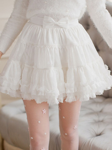Sweet Lolita Robe mousseline blanc mignon couches volants jupe Lolita taille haute avec noeud