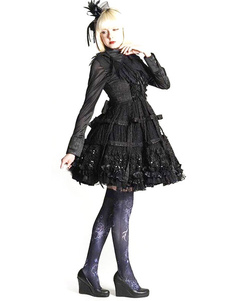 Gothic Lolita Robe lacets taille haute ébouriffé Jacquard Gothique Lolita Jumper Skirt avec grand ar