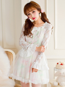 Sweet Lolita Robe dentelle Bow Multi couleur imprimée mignonne Lolita robe à manches longues Flare