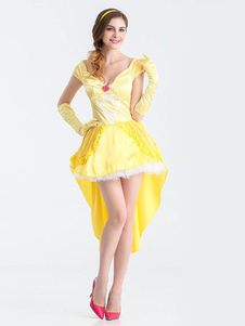 Robe sexy Halloween Costume Princesse féminines jaune haute basse avec harnais & gant