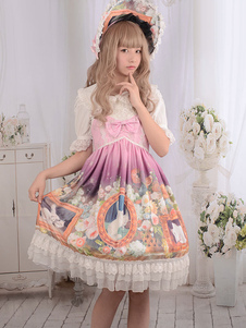 Sweet Lolita Robe dentelle Vintage chats Floral imprimé mignon Milanoo Lolita robes Bow taille haute