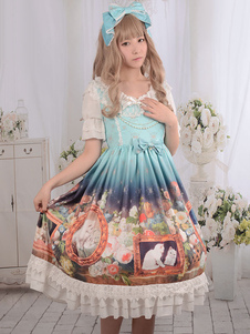 Mignonne Lolita Robe Vintage blanc en dentelle volantée chats Lolita Long doux imprimé Floral robes 