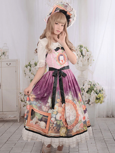 Robe Lolita douce chats Vintage Floral imprimer longtemps Milanoo Lolita robes dentelle ruban noir B
