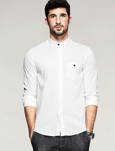Chemise blanche manches longues Stand collier coton Shirt hommes