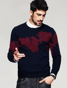 Pullover Sweater Crewneck bleu profond hommes imprimé tricots