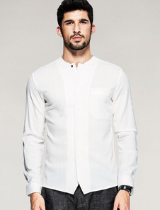 Chemise hommes manches longues col de Stand tordu formant chemise Casual blanche