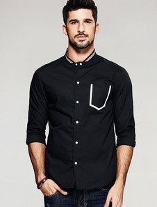Chemise noire à manches longues Stand collier hommes coton Casual chemise avec les boutons de mise e