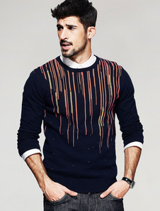 Pullover chandail manches longues Crewneck hommes tricots bleu profond
