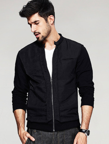 Stand de veste noire manches longues hommes col plissé Veste Blouson avec fermeture à glissière