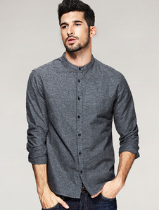 Chemise grise Vintage Stand collier bouton avant coton Casual chemise à manches longues hommes
