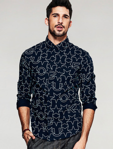 Chemise manches longues coton étoiles bleu hommes imprimées Turndown Collar Shirt Casual