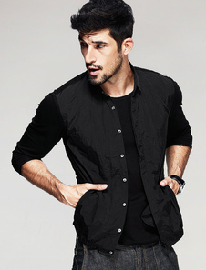 Chemise noire à manches longues coton bouton col Turndown hommes Fake 2 morceau dessus