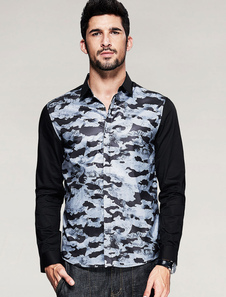 Chemise noire col Turndown coton Casual manches camouflage hommes longues