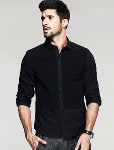 Noir chemise manches longues Stand chemise col coton irrégulier hommes