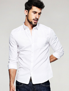 Blanc chemise coton bouton col Turndown occasionnels haut à manches longues hommes